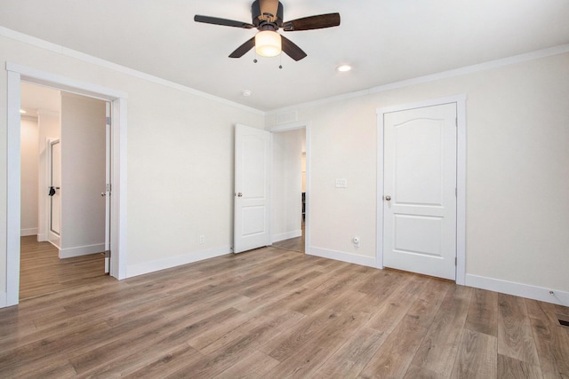 16715 Williamsville St, Vandalia, MI 49095 - unfurnished bedroom featuring crown molding, ceiling fan, and light hardwood / wood-style flooring