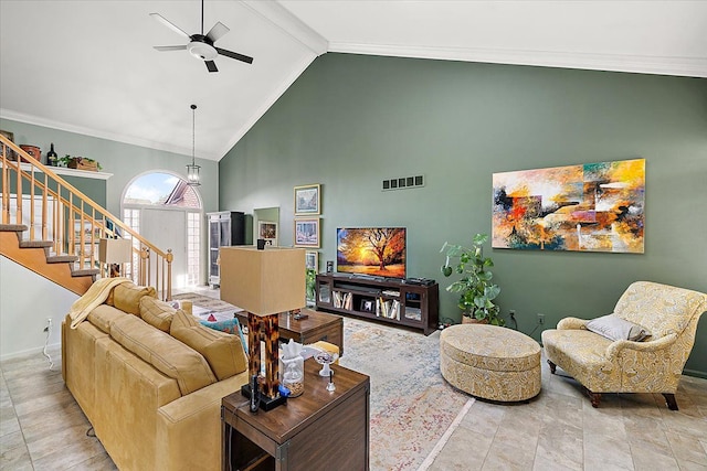 living room featuring ceiling fan, ornamental molding, beam ceiling, and high vaulted ceiling