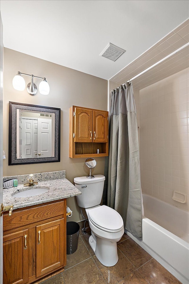 full bathroom with vanity, tile patterned flooring, toilet, and shower / bathtub combination with curtain