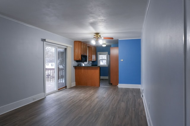 kitchen featuring crown molding, dark wood-type flooring, ceiling fan, and kitchen peninsula