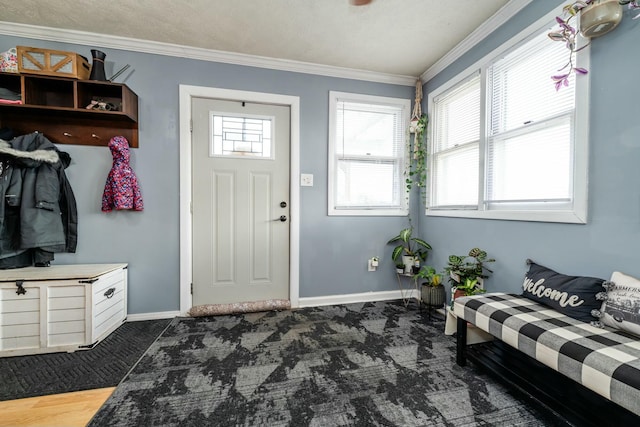 mudroom with crown molding and dark colored carpet