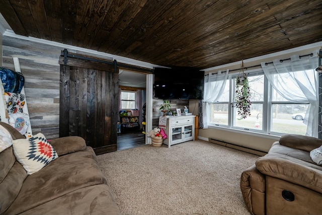 living room with a baseboard radiator, a barn door, a wealth of natural light, and wooden ceiling