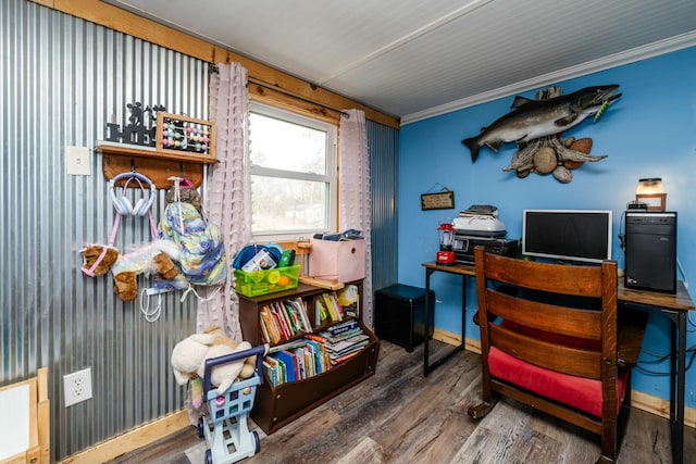 office area with crown molding and wood-type flooring