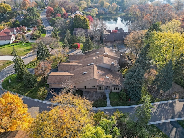 drone / aerial view featuring a water view