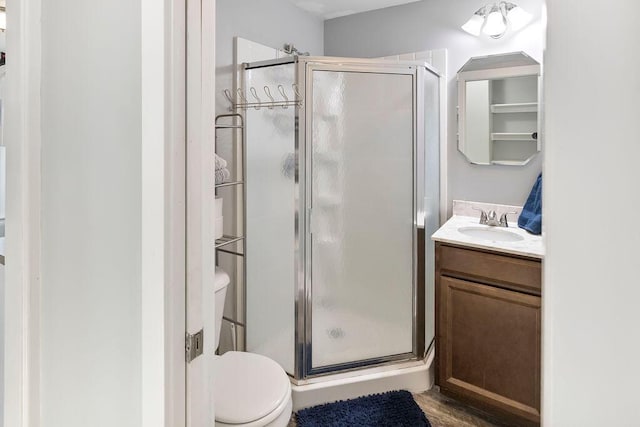 bathroom with vanity, toilet, and a shower with shower door