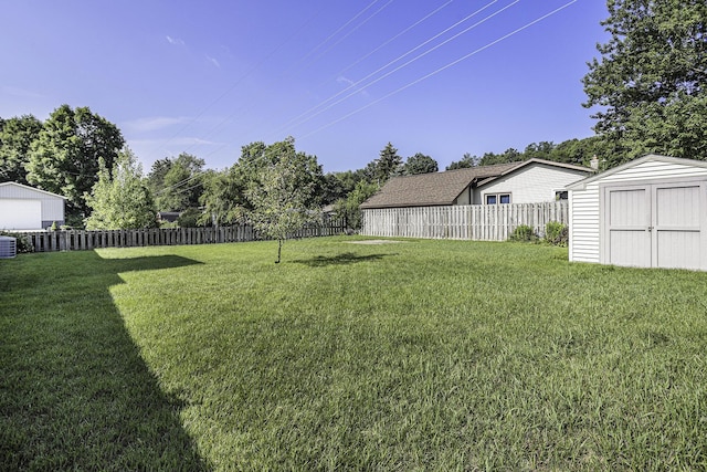 view of yard with a storage shed