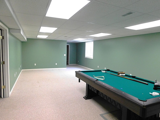 playroom with a drop ceiling and light colored carpet