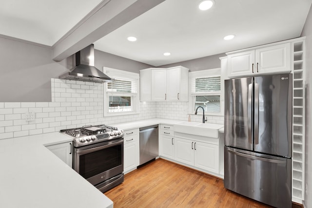 kitchen featuring sink, white cabinetry, stainless steel appliances, decorative backsplash, and exhaust hood