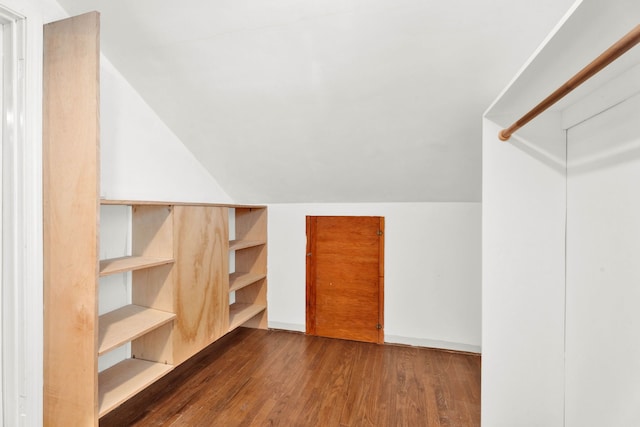 walk in closet with lofted ceiling and dark hardwood / wood-style floors