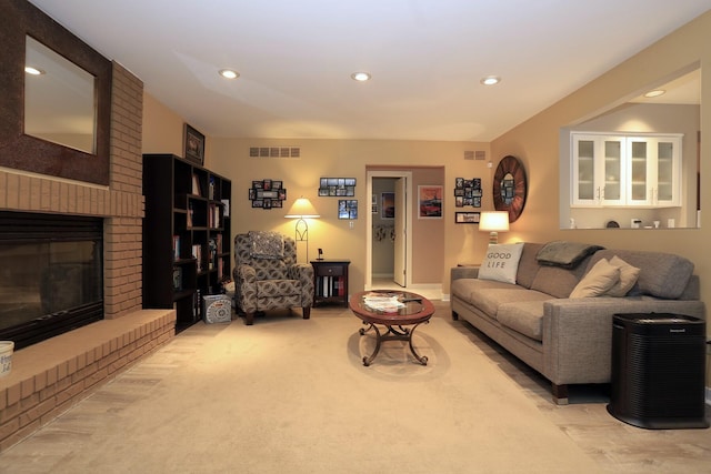 living room with a fireplace