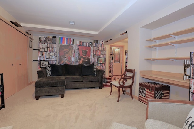 living room featuring light carpet