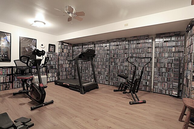 workout area with hardwood / wood-style flooring and ceiling fan