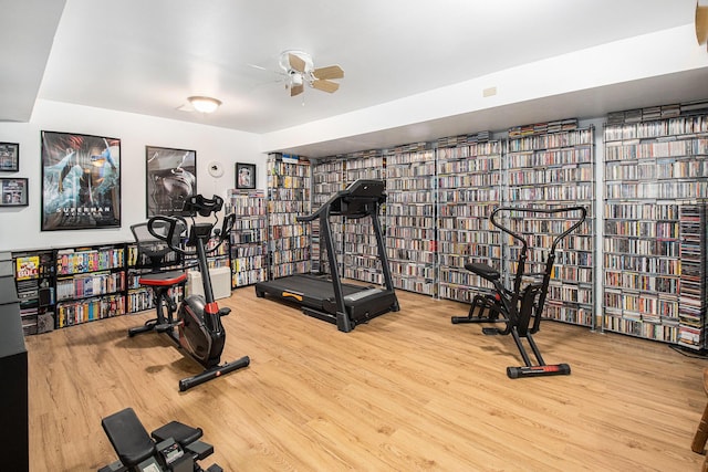 exercise room with hardwood / wood-style floors and ceiling fan