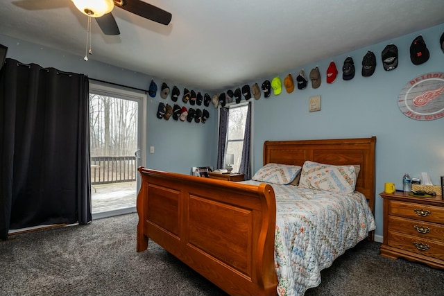 carpeted bedroom featuring access to outside and ceiling fan