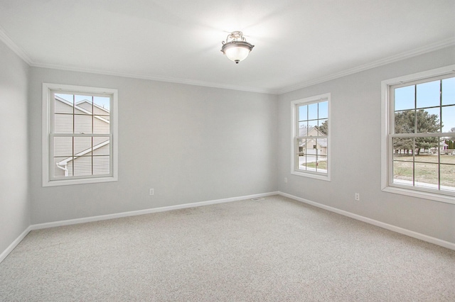 unfurnished room with ornamental molding and carpet flooring