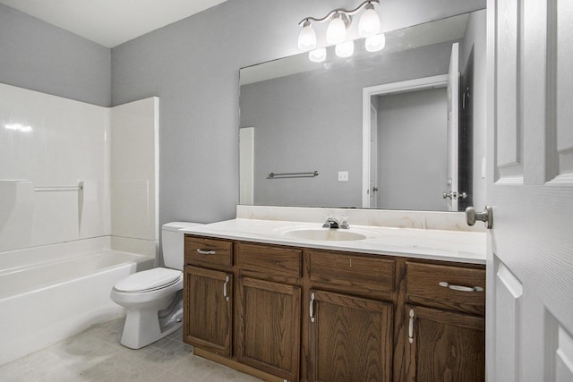 full bathroom featuring bathing tub / shower combination, vanity, tile patterned floors, and toilet