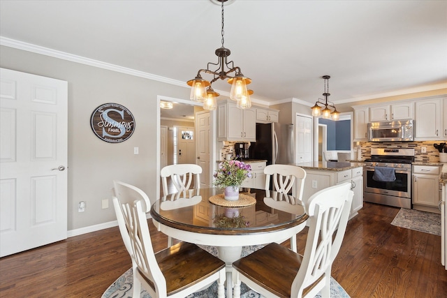 dining space with an inviting chandelier, dark wood-type flooring, and ornamental molding