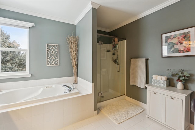 bathroom with crown molding, tile patterned floors, and plus walk in shower