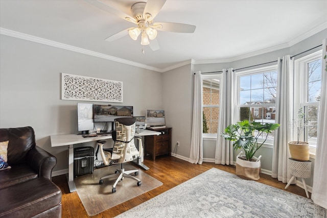 office area featuring hardwood / wood-style flooring, crown molding, and ceiling fan