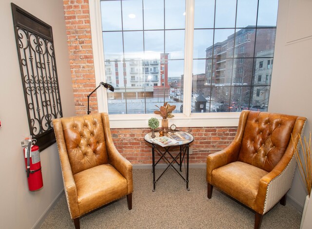 sitting room featuring carpet floors, baseboards, a city view, and brick wall