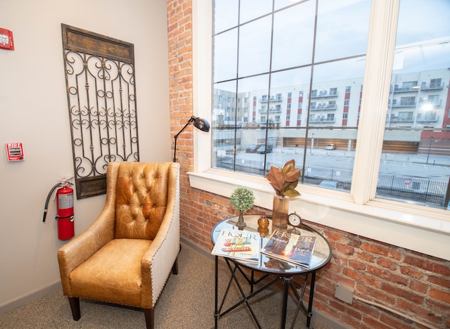 living area with carpet, baseboards, a city view, and brick wall