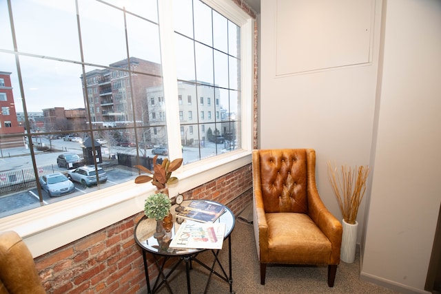 sitting room with a view of city, brick wall, carpet, and baseboards