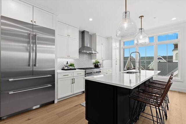 156 N Center St Unit 302, Northville, MI 48167 - kitchen featuring high quality appliances, sink, wall chimney range hood, and white cabinets