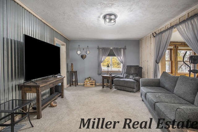 carpeted living room featuring a textured ceiling