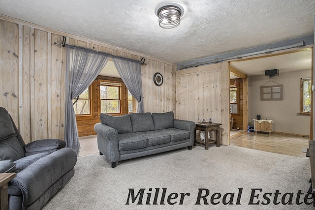 carpeted living room featuring wooden walls, a barn door, a textured ceiling, and plenty of natural light