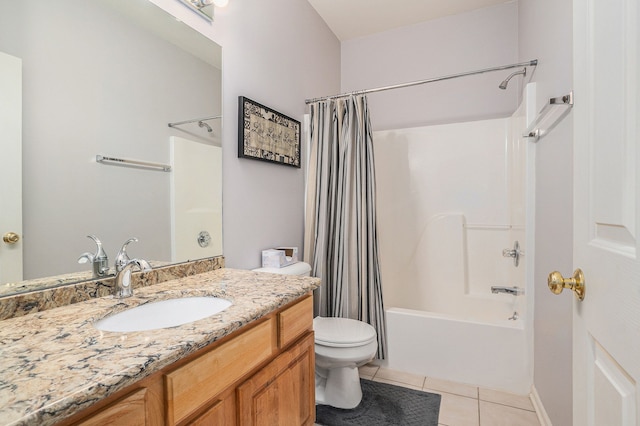 full bathroom featuring vanity, shower / bathtub combination with curtain, tile patterned floors, and toilet