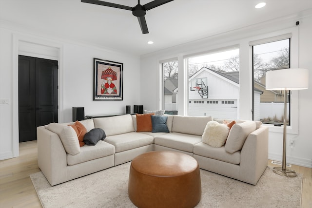 living room featuring ornamental molding, ceiling fan, and light hardwood / wood-style flooring