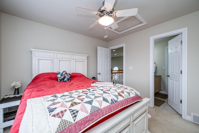 carpeted bedroom with ceiling fan