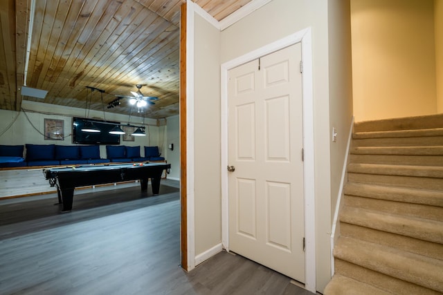 recreation room with hardwood / wood-style flooring, wood ceiling, and billiards