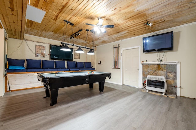 rec room featuring heating unit, crown molding, wood-type flooring, and wooden ceiling