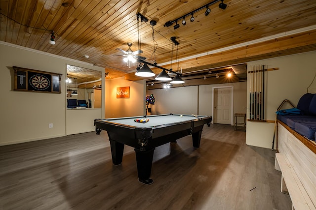 rec room featuring track lighting, pool table, wooden ceiling, and dark hardwood / wood-style flooring