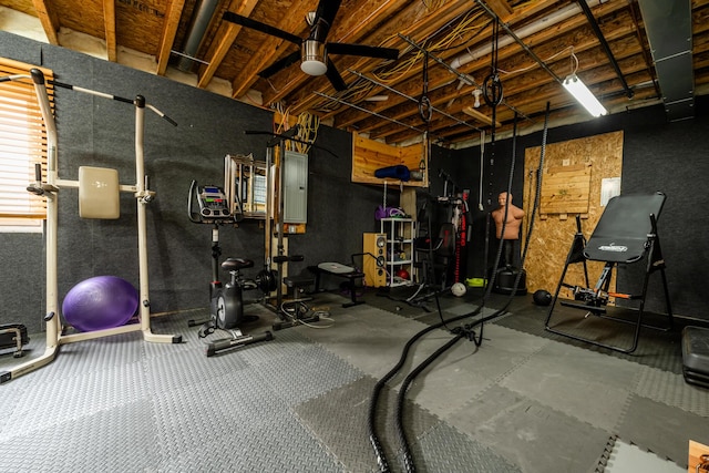 workout room with electric panel and ceiling fan