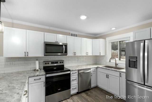 kitchen featuring white cabinetry, appliances with stainless steel finishes, sink, and decorative backsplash