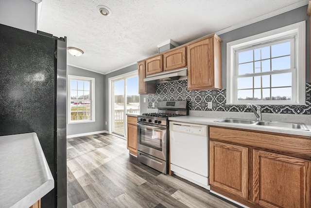 kitchen with sink, appliances with stainless steel finishes, tasteful backsplash, wood-type flooring, and ornamental molding