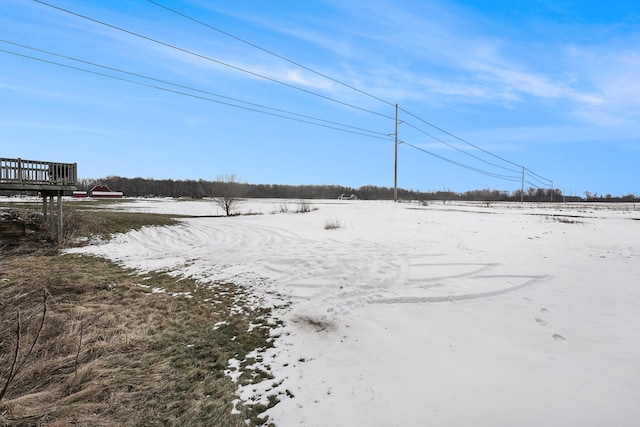 yard layered in snow with a rural view