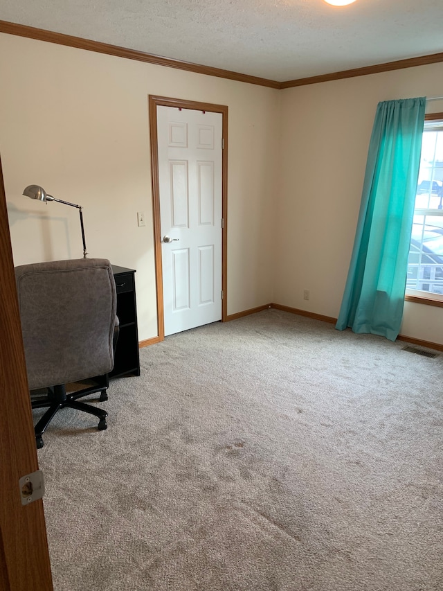 office space with ornamental molding, carpet flooring, and a textured ceiling