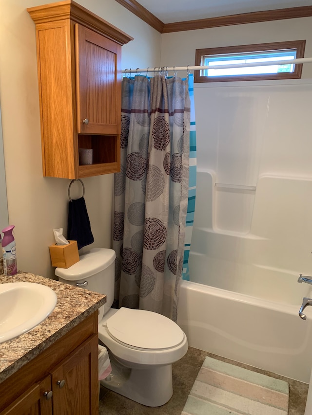 full bathroom with ornamental molding, vanity, toilet, and shower / bath combo