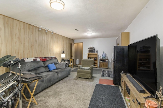 carpeted living room with wood walls