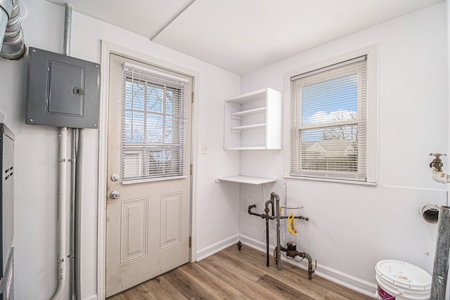 entryway with hardwood / wood-style floors and electric panel