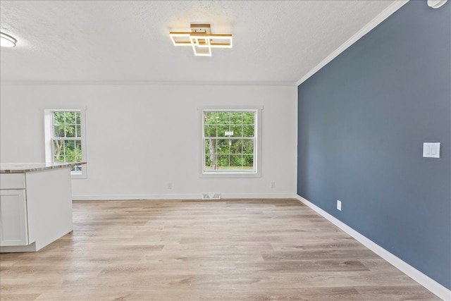 empty room with plenty of natural light, light hardwood / wood-style floors, and a textured ceiling