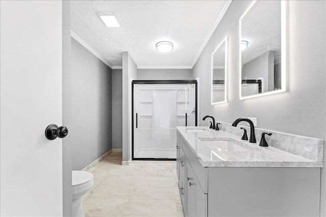 bathroom with ornamental molding, vanity, walk in shower, toilet, and a textured ceiling