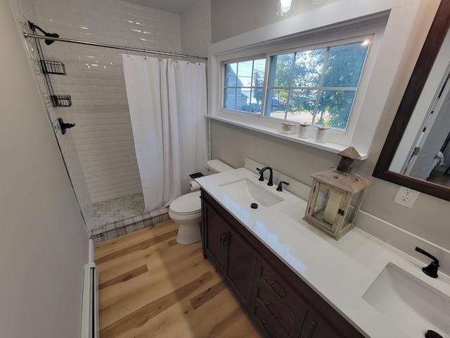 bathroom featuring vanity, hardwood / wood-style flooring, toilet, and walk in shower