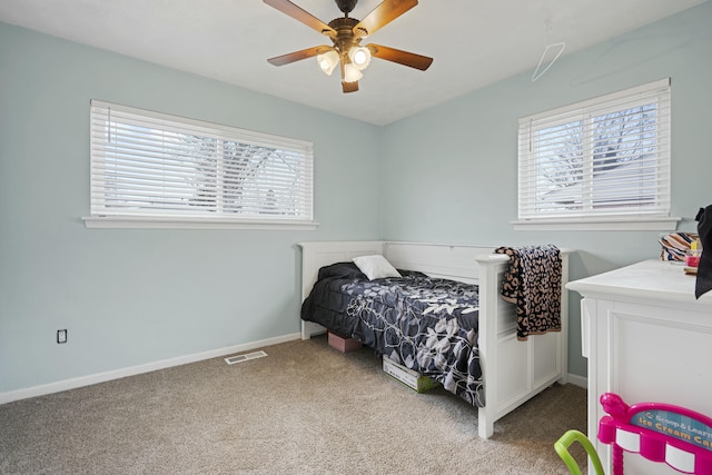 bedroom featuring carpet floors and ceiling fan