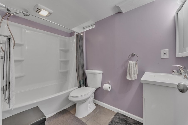 full bathroom with toilet, vanity, shower / bathtub combination with curtain, and tile patterned flooring