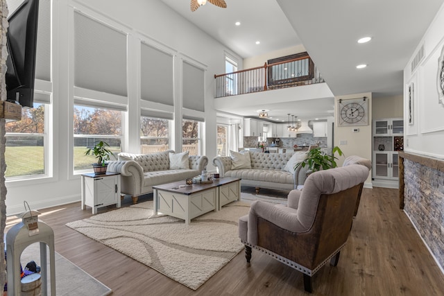 living room with dark hardwood / wood-style floors and a high ceiling