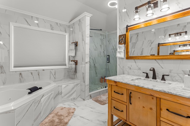 bathroom with vanity, plus walk in shower, and tile walls